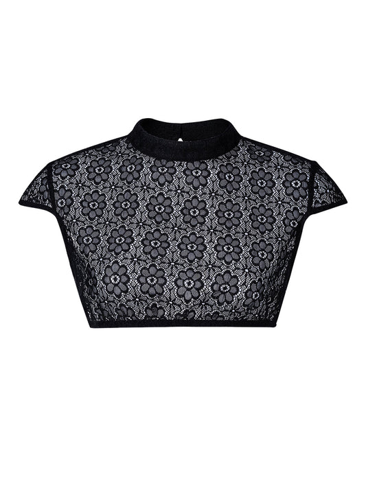 Eudora Damen Dirndlbluse in schwarz mit Kurzarm und hochgeschlossenem Kragen