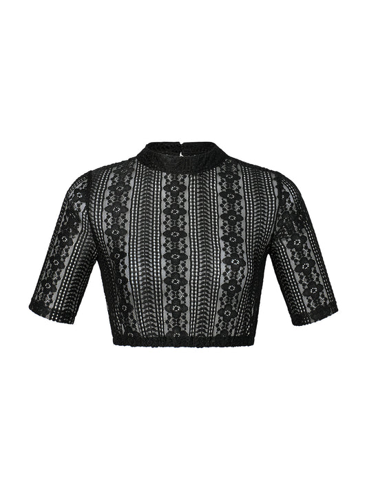 Inga Damen Dirndlbluse in Schwarz mit Halbarm und hochgeschlossenem Kragen
