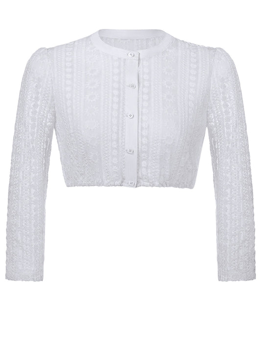 Wenny Damen Dirndlbluse in Weiß mit Langarm und hochgeschlossenem Kragen