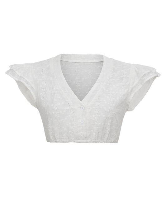 Tess Damen Dirndlbluse in Weiß mit Flügelärmel und V-Ausschnitt