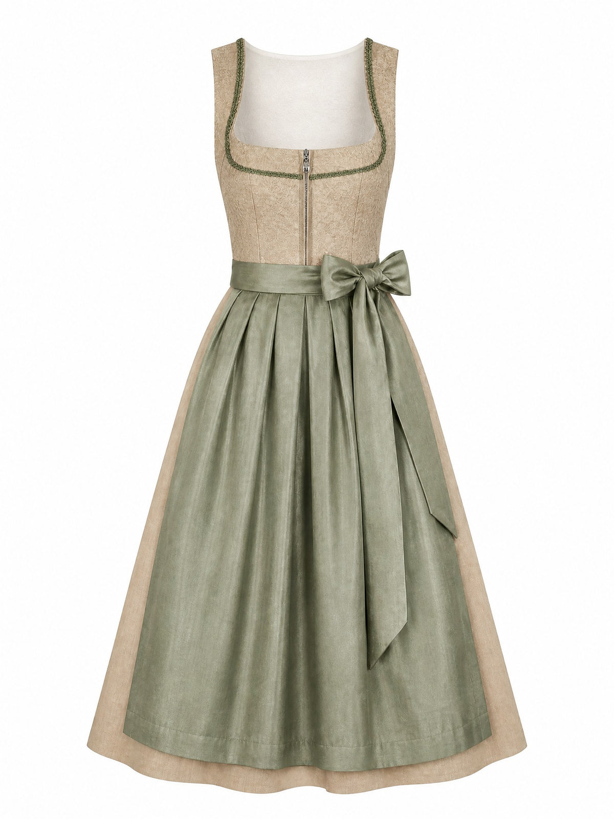 Dirndl Lena in Tonbeige mit Eukalyptusgr¨¹n Sch¨¹rze - Vorderansicht