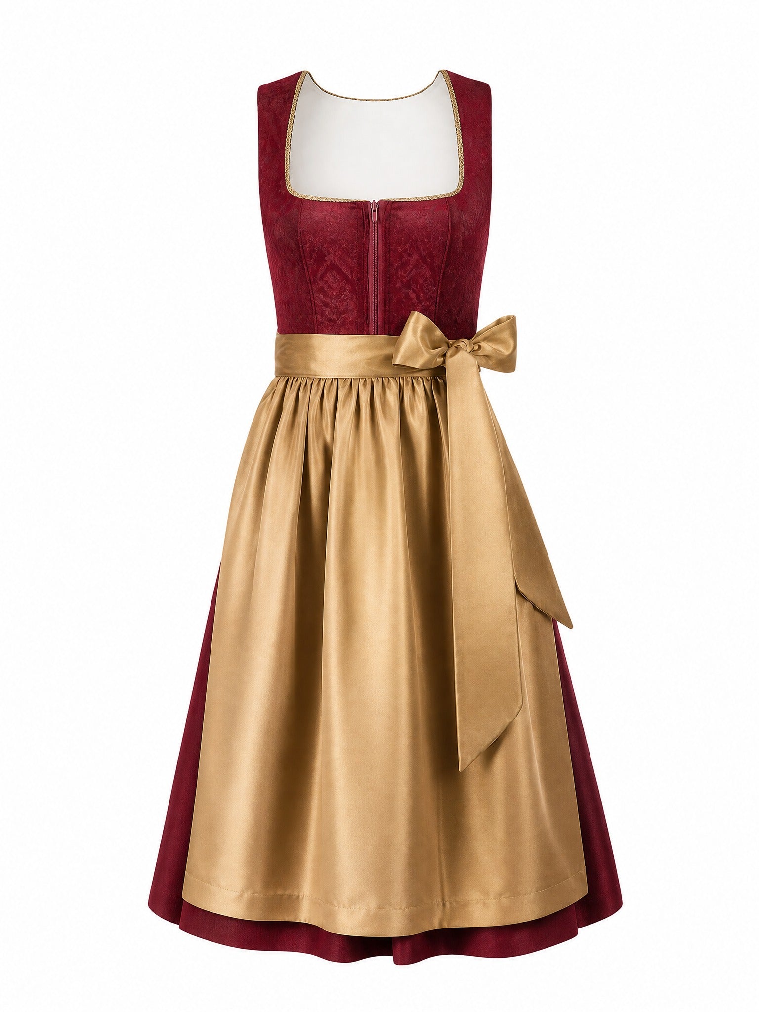 Dirndl Mia in Cranberryrot mit Antikgold Sch¨¹rze - Vorderansicht