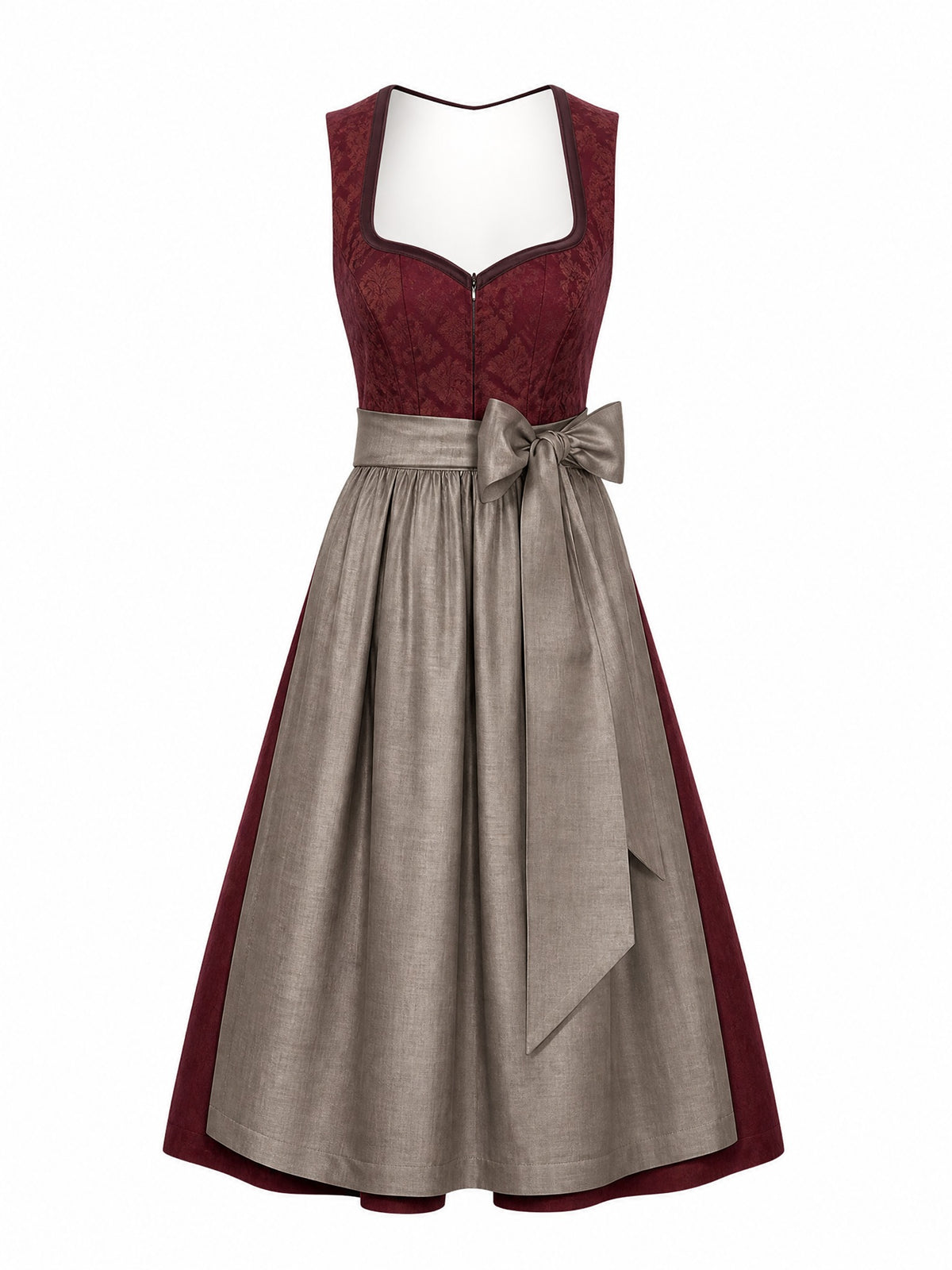 Dirndl Klara in Weinrot mit Taupe Sch¨¹rze - Vorderansicht
