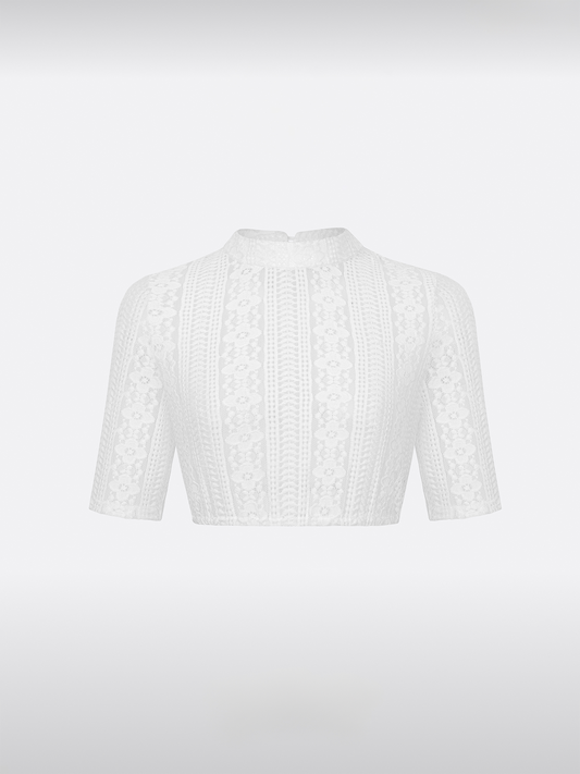 Andora Damen Dirndlbluse in Weiß mit Halbarm und hochgeschlossenem Kragen